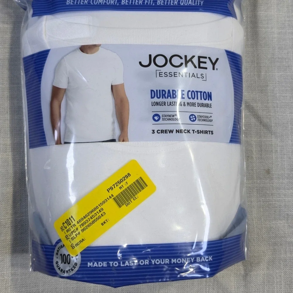 Jockey Essentials Mens 3 Pack Durable Cotton Crew Neck T-Shirts White Large L